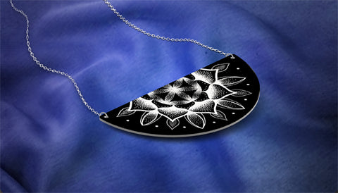 Large Black Half Moon Mandala Necklace